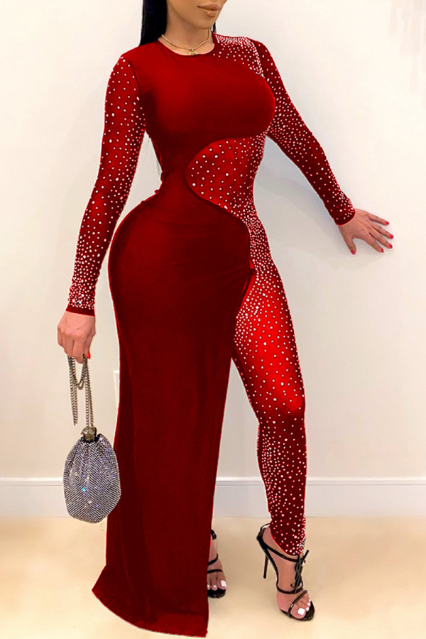 Burgundy Sexy Patchwork Mesh Hot Drill O Neck Irregular Dress Dresses