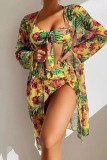 Blue Sexy Print Basic Swimsuit Three Piece Set (With Paddings)
