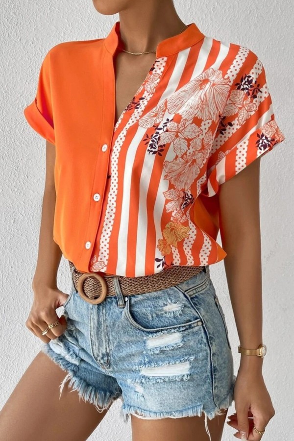 Orange Casual Print Patchwork V Neck Tops
