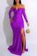 Purple Sexy Print Slit Letter V Neck Evening Dress Dresses