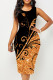 Tangerine Red Casual Print Patchwork O Neck Pencil Skirt Dresses