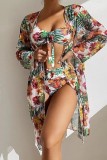 Blue Sexy Print Basic Swimsuit Three Piece Set (With Paddings)
