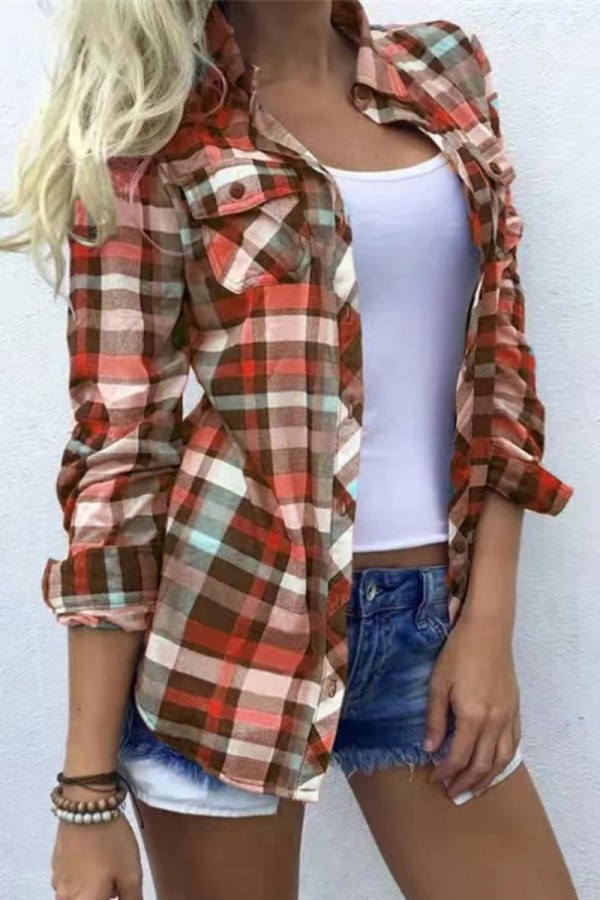 Brown Red Casual Plaid Print Cardigan Shirt Collar Tops