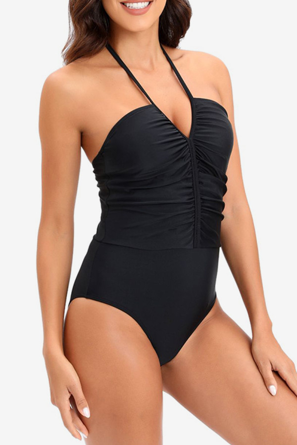 Black Sexy Solid Bandage Backless Fold Swimwears (With Paddings)