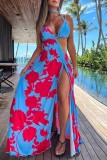 Blue Sexy Print Patchwork Backless Slit Asymmetrical Halter Long Dress Dresses