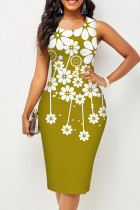 Yellow Casual Print Patchwork O Neck Pencil Skirt Dresses