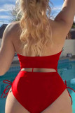 Red Sexy Solid Bandage Hollowed Out Backless Swimwears (With Paddings)