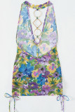 Colour Sexy Print Patchwork Draw String Backless Swimwears Cover Up