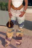 Cream White Work Daily Print Regular Mid Waist Straight Bottoms