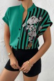 Green Casual Print Patchwork V Neck Tops
