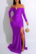 Purple Sexy Print Slit Letter V Neck Evening Dress Dresses
