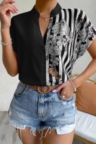 Black Casual Print Patchwork V Neck Tops