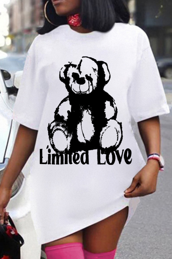 White Casual Print Letter O Neck Straight Dresses