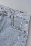Blue Casual Solid Ripped Regular Denim Shorts