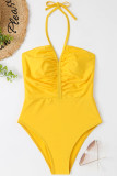 Yellow Sexy Solid Bandage Backless Fold Swimwears (With Paddings)