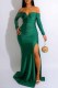 Green Sexy Print Slit Letter V Neck Evening Dress Dresses