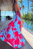 Blue Sexy Print Patchwork Backless Slit Asymmetrical Halter Long Dress Dresses