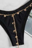 Black Sexy Solid Patchwork Metal Accessories Decoration Swimwears
