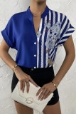 Blue Casual Print Patchwork V Neck Tops