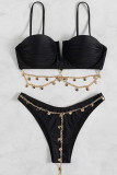 Black Sexy Solid Patchwork Metal Accessories Decoration Swimwears