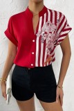Red Casual Print Patchwork V Neck Tops