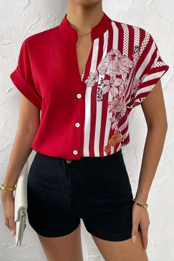 Red Casual Print Patchwork V Neck Tops