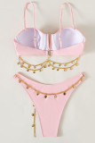 Pink Sexy Solid Patchwork Metal Accessories Decoration Swimwears
