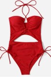 Red Sexy Solid Bandage Hollowed Out Backless Swimwears (With Paddings)