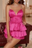Rose Red Sexy Solid Patchwork Backless V Neck Regular Romper
