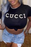 Black Street Print Letter O Neck T-Shirts