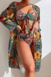 Blue Sexy Print Basic Swimsuit Three Piece Set (With Paddings)
