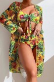 Blue Sexy Print Basic Swimsuit Three Piece Set (With Paddings)