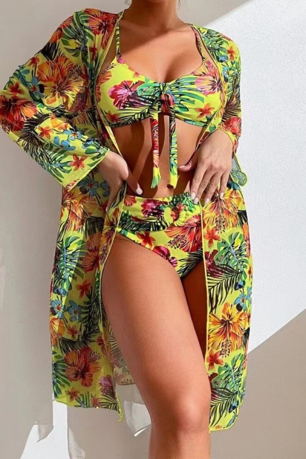 Yellow Sexy Print Basic Swimsuit Three Piece Set (With Paddings)
