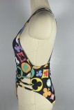 Black Sexy Print Cardigan Swimsuit Two Piece Set