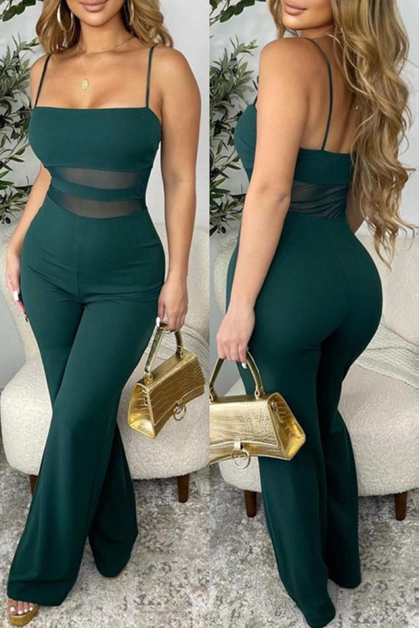Green Sexy Casual Solid Backless Spaghetti Strap Skinny Jumpsuits