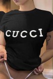 Black Street Print Letter O Neck T-Shirts