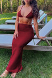 Burgundy Sexy Solid Bandage Backless Swimsuit Three Piece Set