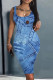 Blue Casual Print Basic U Neck Vest Dress Dresses