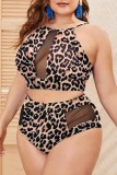 Black Sexy Solid Leopard Patchwork See-through O Neck Plus Size Swimwear