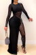 Black Sexy Patchwork Mesh Hot Drill O Neck Irregular Dress Dresses