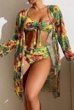 Blue Sexy Print Basic Swimsuit Three Piece Set (With Paddings)