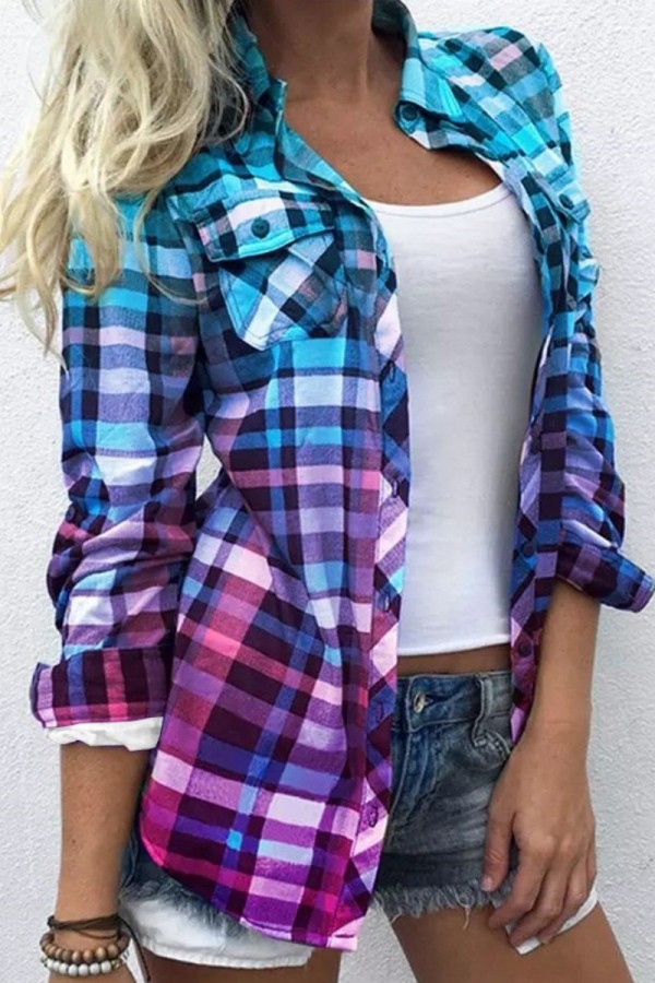 Turquoise Casual Plaid Print Cardigan Shirt Collar Tops