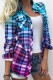 Turquoise Casual Plaid Print Cardigan Shirt Collar Tops
