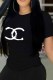 Black Casual Print Letter O Neck T-Shirts
