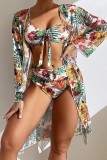 Blue Sexy Print Basic Swimsuit Three Piece Set (With Paddings)