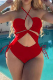 Red Sexy Solid Bandage Hollowed Out Backless Swimwears (With Paddings)