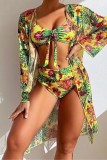 Blue Sexy Print Basic Swimsuit Three Piece Set (With Paddings)