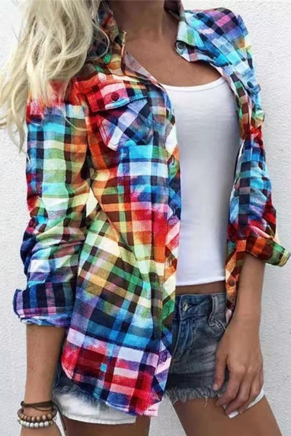 Colour Casual Plaid Print Cardigan Shirt Collar Tops
