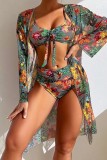 Blue Sexy Print Basic Swimsuit Three Piece Set (With Paddings)