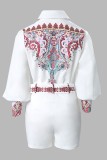 White Casual Print Patchwork With Belt Turndown Collar Long Sleeve Two Pieces